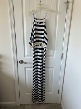 Bellamie Black and White Striped Maxi Dress with Tassel Trim